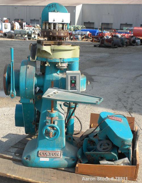 Used Colton Tablet Press, Model 216, Approximately 3 Ton. 16 station, 1 stamping station, 5/8" maximum tablet diameter, 3/4" deep cell, 3 ton maximum stamping pressure. Driven by a 2 HP, 3/60/230/460...