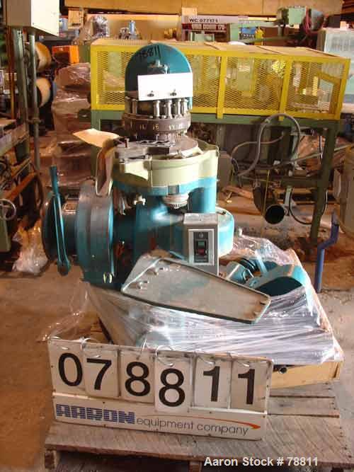 Used Colton Tablet Press, Model 216, Approximately 3 Ton. 16 station, 1 stamping station, 5/8" maximum tablet diameter, 3/4" deep cell, 3 ton maximum stamping pressure. Driven by a 2 HP, 3/60/230/460...