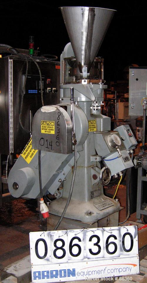 USED: Colton Rotary Tablet Press, model 216, 4 ton max pressure. 16 station max. (1) Stamping station. 3/4" max depth fill, 5/8" max diameter of tablet. 1150 max tablets per minute. Driven by a 1.5 h...