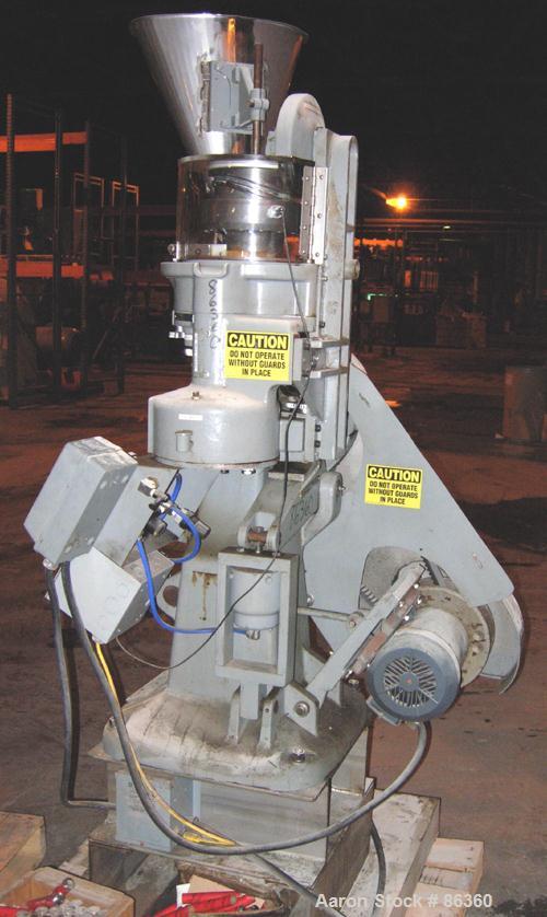USED: Colton Rotary Tablet Press, model 216, 4 ton max pressure. 16 station max. (1) Stamping station. 3/4" max depth fill, 5/8" max diameter of tablet. 1150 max tablets per minute. Driven by a 1.5 h...