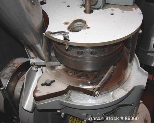 USED: Colton Rotary Tablet Press, model 216, 4 ton max pressure. 16 station max. (1) Stamping station. 3/4" max depth fill, 5/8" max diameter of tablet. 1150 max tablets per minute. Driven by a 1.5 h...