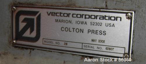 USED: Colton Rotary Tablet Press, model 216, 4 ton max pressure. 16 station max. (1) Stamping station. 3/4" max depth fill, 5/8" max diameter of tablet. 1150 max tablets per minute. Driven by a 1.5 h...