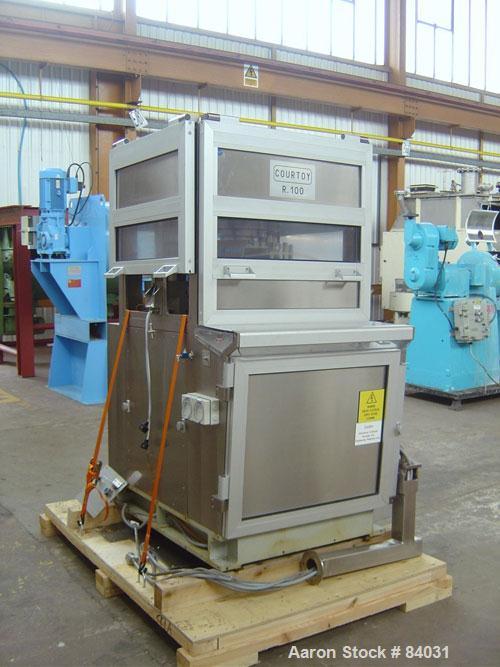 Used Courtoy Rotary Tablet Press, Model R100/36, 36 station, single sided, D tooled. 100 KN max compression with 10 KN pre-compression, 13mm round tablet, 14mm max oblong tablet, 19mm max depth of fi...