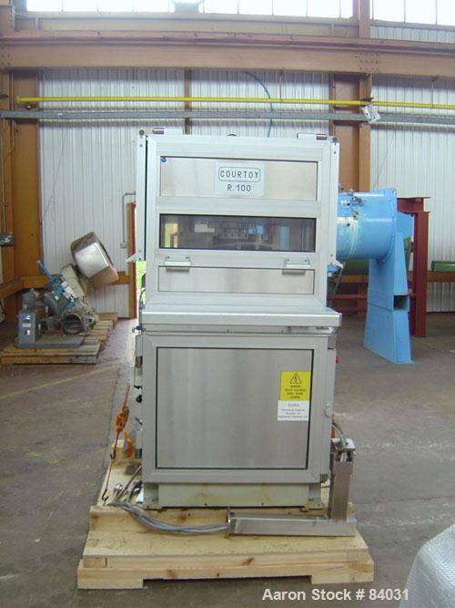 Used Courtoy Rotary Tablet Press, Model R100/36, 36 station, single sided, D tooled. 100 KN max compression with 10 KN pre-compression, 13mm round tablet, 14mm max oblong tablet, 19mm max depth of fi...