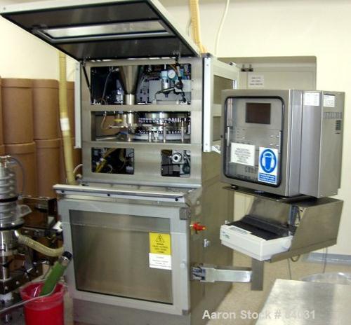 Used Courtoy Rotary Tablet Press, Model R100/36, 36 station, single sided, D tooled. 100 KN max compression with 10 KN pre-compression, 13mm round tablet, 14mm max oblong tablet, 19mm max depth of fi...