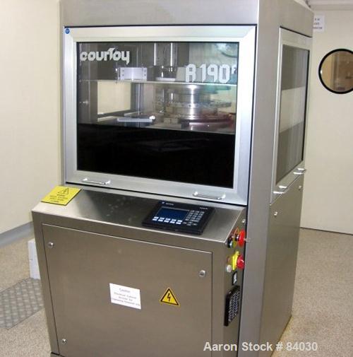 Used Courtoy Rotary Tablet Press, Model R190/36, 36 station, single sided, D tooled. 100 KN max compression with 10 KN pre-compression. 13mm round tablet, 14mm max oblong tablet, 19mm max depth of fi...