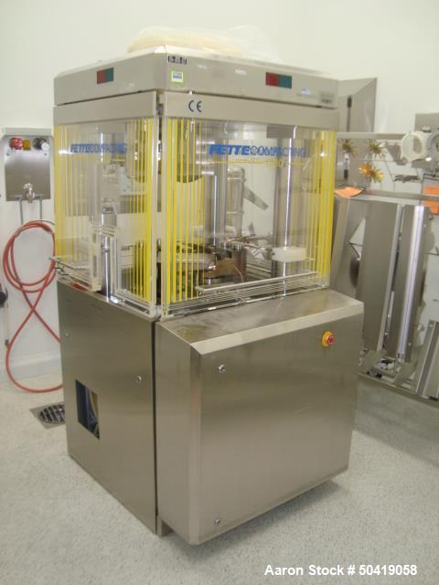Used Fette 1200i Rotary Pharmaceutical Tablet Press With (24-Station B-Turret) With Hydraulic Lift Transport Cart, Fette Compacting Workstation Controller Panel, Mobile Stainless Steel Parts Clean Ra...
