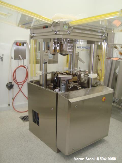 Used Fette 1200i Rotary Pharmaceutical Tablet Press With (24-Station B-Turret) With Hydraulic Lift Transport Cart, Fette Compacting Workstation Controller Panel, Mobile Stainless Steel Parts Clean Ra...