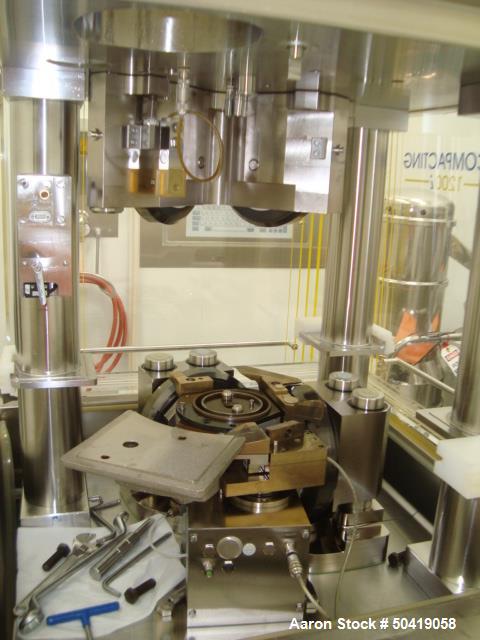 Used Fette 1200i Rotary Pharmaceutical Tablet Press With (24-Station B-Turret) With Hydraulic Lift Transport Cart, Fette Compacting Workstation Controller Panel, Mobile Stainless Steel Parts Clean Ra...