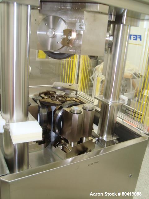 Used Fette 1200i Rotary Pharmaceutical Tablet Press With (24-Station B-Turret) With Hydraulic Lift Transport Cart, Fette Compacting Workstation Controller Panel, Mobile Stainless Steel Parts Clean Ra...