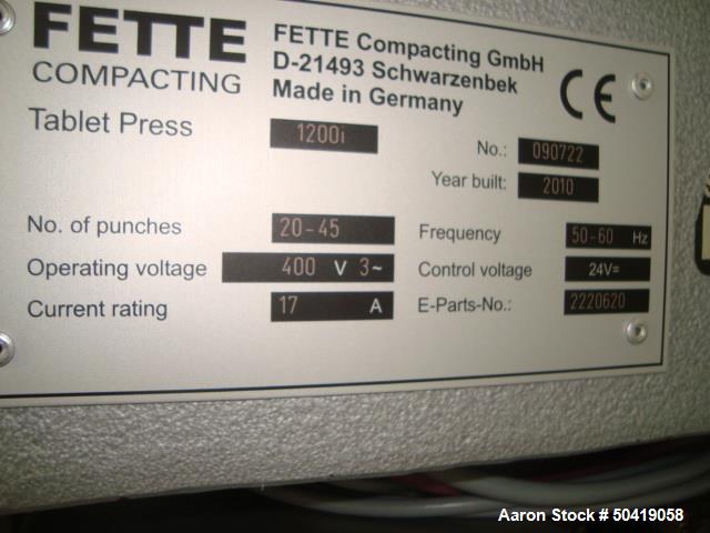 Used-Fette 1200i Rotary Pharmaceutical Tablet Press With (24-Station B-Turret) With Hydraulic Lift Transport Cart, Fette Com...