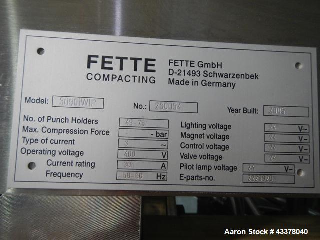 Used- Fette Rotary Tablet Press, Model 3090I WIP and Containment