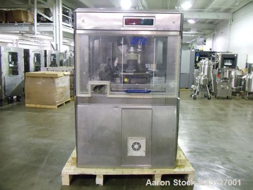Used Fette Rotary Tablet Press, Model 3090. 61 Station, keyed upper punch guides, 100 KN main compression, 100 KN pre compression, dual sided, 16 mm max tablet diameter, 18 mm max depth of fill, rate...