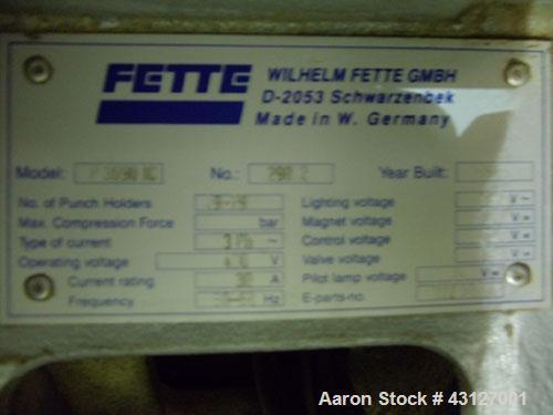 Used Fette Rotary Tablet Press, Model 3090. 61 Station, keyed upper punch guides, 100 KN main compression, 100 KN pre compression, dual sided, 16 mm max tablet diameter, 18 mm max depth of fill, rate...