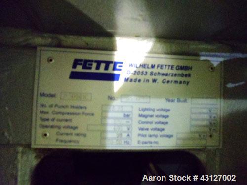 Used Fette Rotary Tablet Press, Model 3090. 61 Station, keyed upper punch guides, 100 KN main compression, 100 KN pre compression, dual sided, 16 mm max tablet diameter, 18 mm max depth of fill, rate...