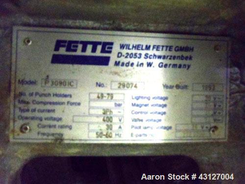 Used Fette Rotary Tablet Rress, Model 3090. 61 Station, keyed upper punch guides, 100 KN main compression, 100 KN pre compression, dual sided, 16 mm max tablet diameter, 18 mm max depth of fill, rate...