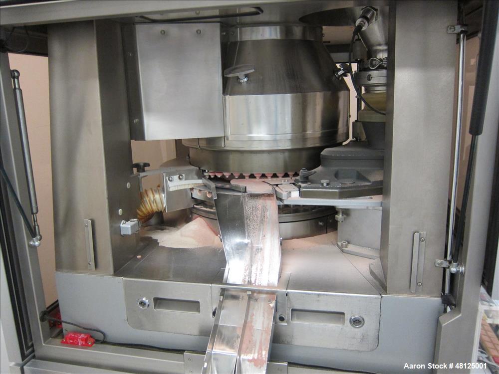 Used Fette Rotor Tablet Press, Type P2100. 43 Stations, B tooling, Overall dimensions: 3’9” (1200 mm) L x 4’4” (1350 mm) W x 6’8” (2100 mm) H. Incl. (1) Kramer deduster, type E09, (1) Safeline, metal...