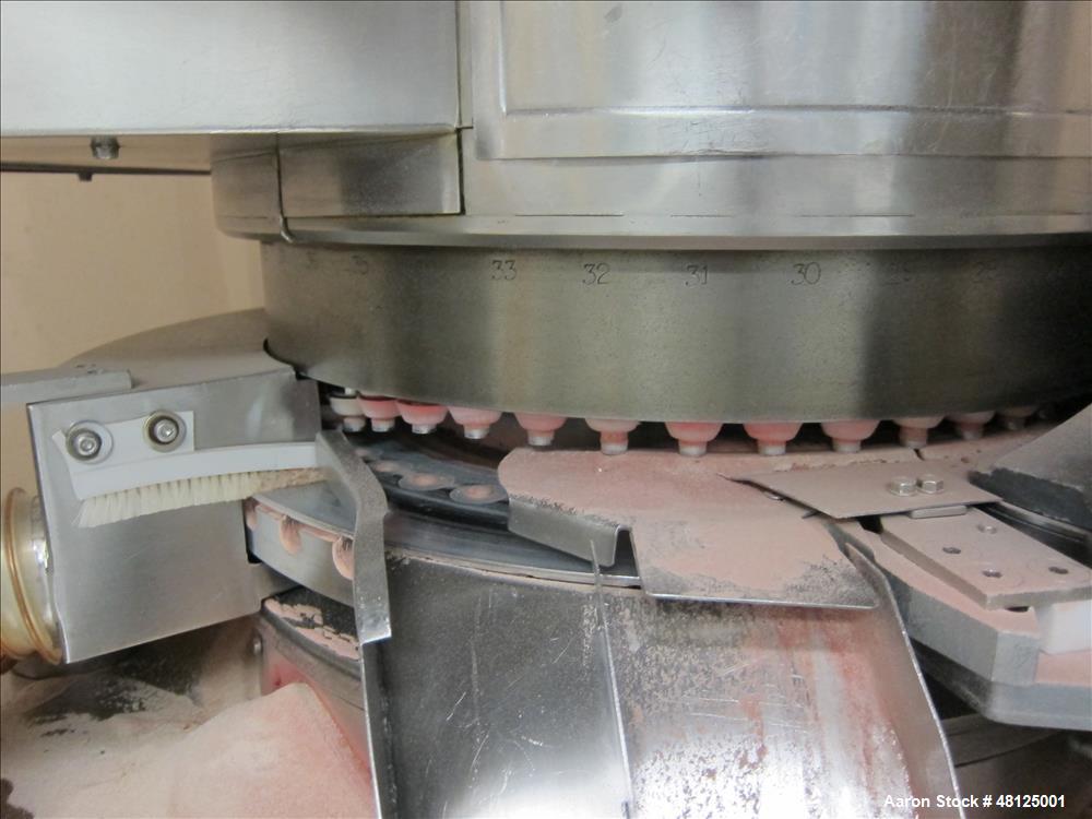 Used Fette Rotor Tablet Press, Type P2100. 43 Stations, B tooling, Overall dimensions: 3’9” (1200 mm) L x 4’4” (1350 mm) W x 6’8” (2100 mm) H. Incl. (1) Kramer deduster, type E09, (1) Safeline, metal...