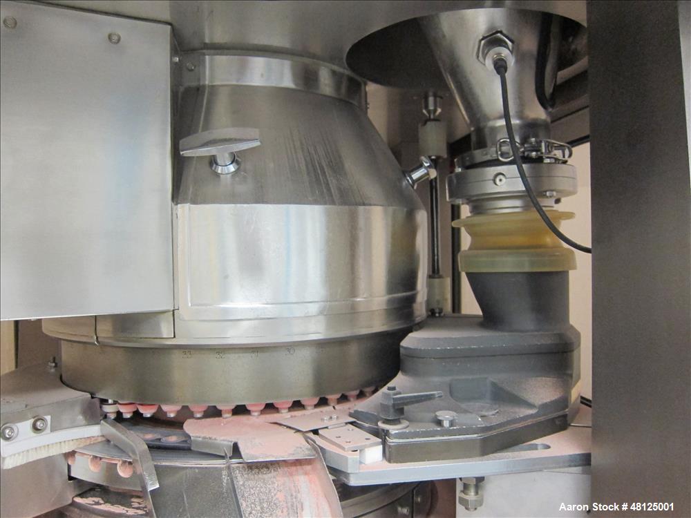 Used Fette Rotor Tablet Press, Type P2100. 43 Stations, B tooling, Overall dimensions: 3’9” (1200 mm) L x 4’4” (1350 mm) W x 6’8” (2100 mm) H. Incl. (1) Kramer deduster, type E09, (1) Safeline, metal...