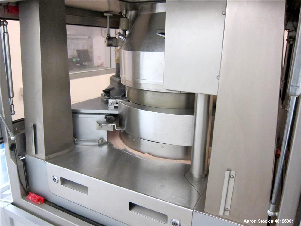 Used Fette Rotor Tablet Press, Type P2100. 43 Stations, B tooling, Overall dimensions: 3’9” (1200 mm) L x 4’4” (1350 mm) W x 6’8” (2100 mm) H. Incl. (1) Kramer deduster, type E09, (1) Safeline, metal...