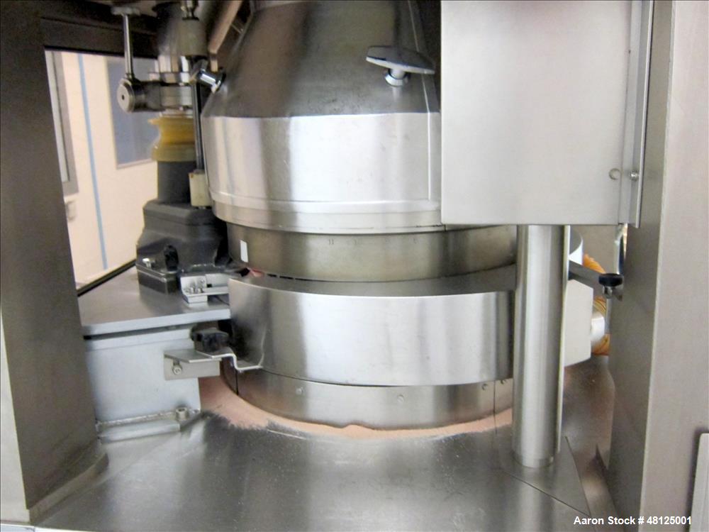 Used Fette Rotor Tablet Press, Type P2100. 43 Stations, B tooling, Overall dimensions: 3’9” (1200 mm) L x 4’4” (1350 mm) W x 6’8” (2100 mm) H. Incl. (1) Kramer deduster, type E09, (1) Safeline, metal...
