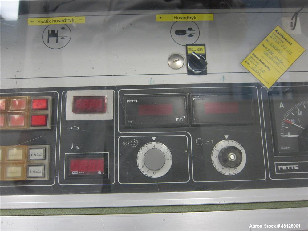 Used Fette Rotor Tablet Press, Type P2100. 43 Stations, B tooling, Overall dimensions: 3’9” (1200 mm) L x 4’4” (1350 mm) W x 6’8” (2100 mm) H. Incl. (1) Kramer deduster, type E09, (1) Safeline, metal...