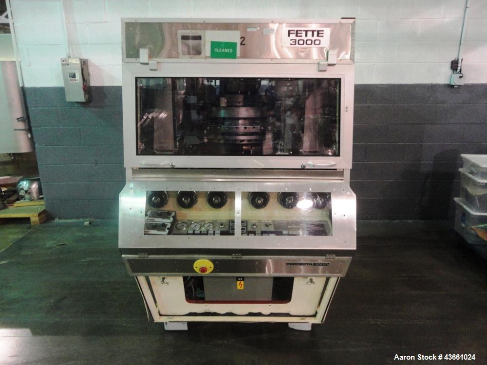 Used Fette rotary tablet press, model P3000, 37 station, D tooled, 100 Kn compression pressure with 10 Kn pre compression, 25 mm max tablet diameter, 22 mm max depth of fill, rated up to 266,400 tabl...