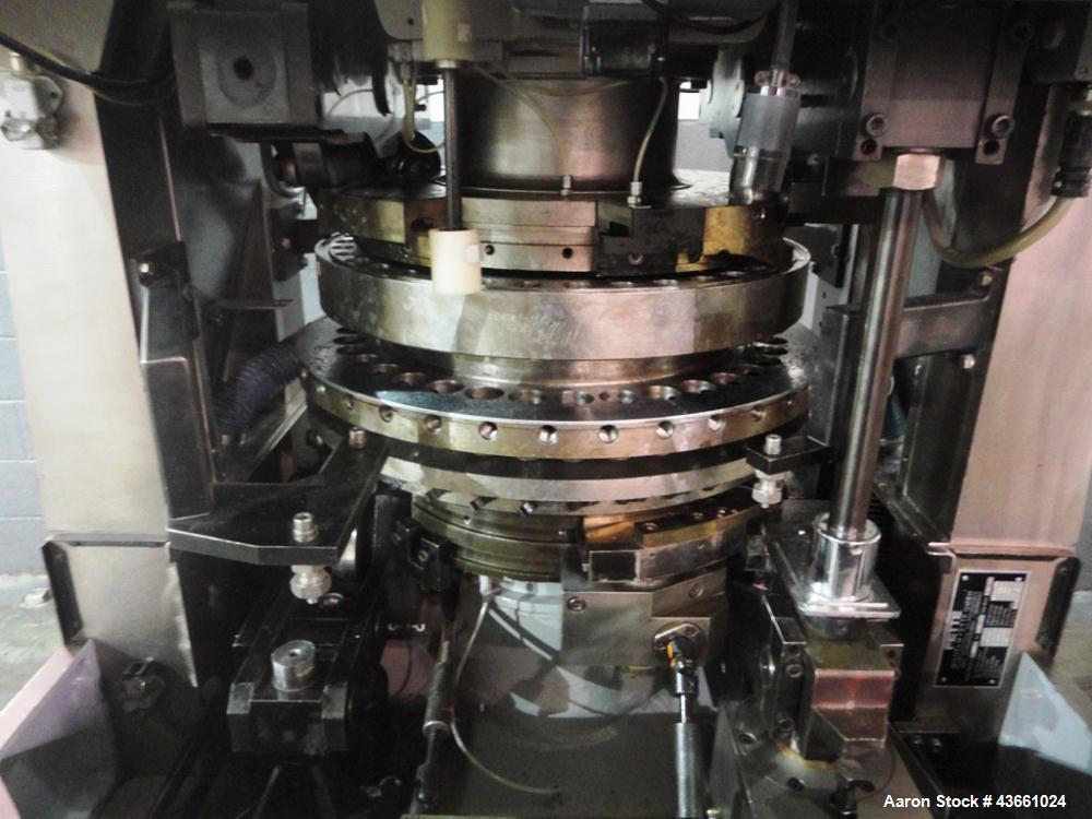 Used Fette rotary tablet press, model P3000, 37 station, D tooled, 100 Kn compression pressure with 10 Kn pre compression, 25 mm max tablet diameter, 22 mm max depth of fill, rated up to 266,400 tabl...