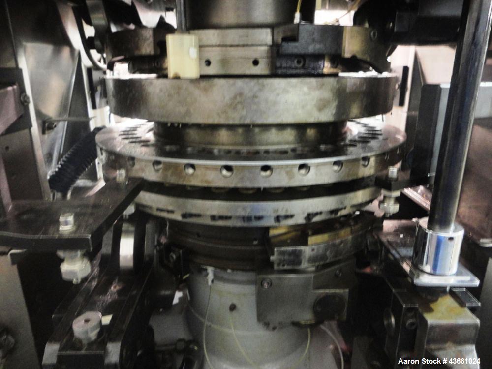 Used Fette rotary tablet press, model P3000, 37 station, D tooled, 100 Kn compression pressure with 10 Kn pre compression, 25 mm max tablet diameter, 22 mm max depth of fill, rated up to 266,400 tabl...