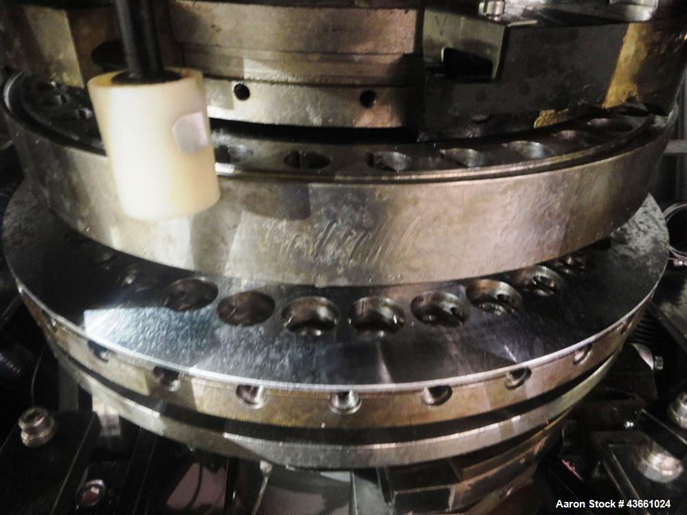 Used Fette rotary tablet press, model P3000, 37 station, D tooled, 100 Kn compression pressure with 10 Kn pre compression, 25 mm max tablet diameter, 22 mm max depth of fill, rated up to 266,400 tabl...