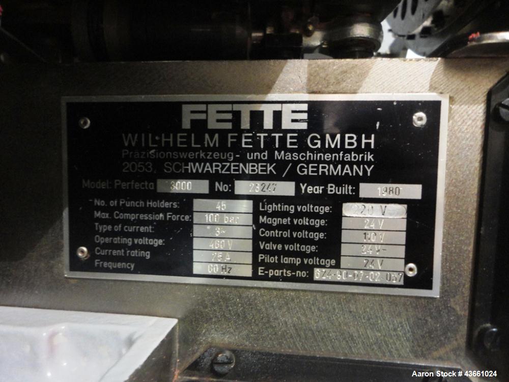 Used Fette rotary tablet press, model P3000, 37 station, D tooled, 100 Kn compression pressure with 10 Kn pre compression, 25 mm max tablet diameter, 22 mm max depth of fill, rated up to 266,400 tabl...