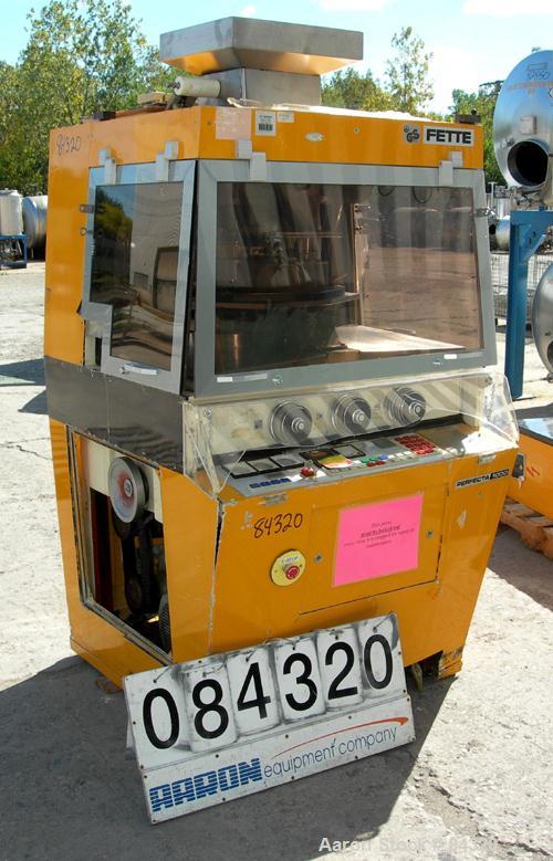 Used Fette Single Sided Rotary Tablet Press, Model Perfecta 1000. 33 Stations, maximum compression force 9 tons. Maximum tablet 16 mm, maximum thickness 8.5 mm, maximum depth of fill 18 mm, maximum o...