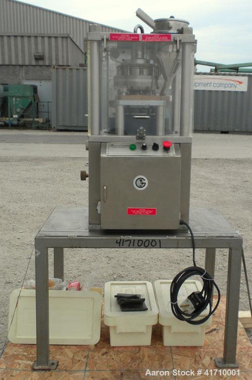 Used GlobePharma Tabletop Lab Size Rotary Tablet Press, Model Mini Press-I. 10 station, 3 ton maximum compression pressure. Maximum tablet diameter 16mm, maximum depth of fill 17mm, maximum output 21...