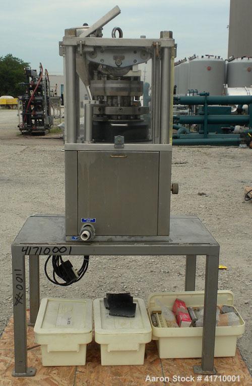 Used GlobePharma Tabletop Lab Size Rotary Tablet Press, Model Mini Press-I. 10 station, 3 ton maximum compression pressure. Maximum tablet diameter 16mm, maximum depth of fill 17mm, maximum output 21...