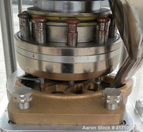 Used GlobePharma Tabletop Lab Size Rotary Tablet Press, Model Mini Press-I. 10 station, 3 ton maximum compression pressure. Maximum tablet diameter 16mm, maximum depth of fill 17mm, maximum output 21...