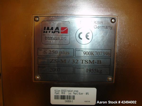 Used IMA Kilian Mid Size Force Feed Tablet Press, Model S250ZS. 32 Station, 8 ton main compaction force, 3.5 ton first layer compaction force. Tablet output 160 to 2000 tablets per minute. Maximum di...
