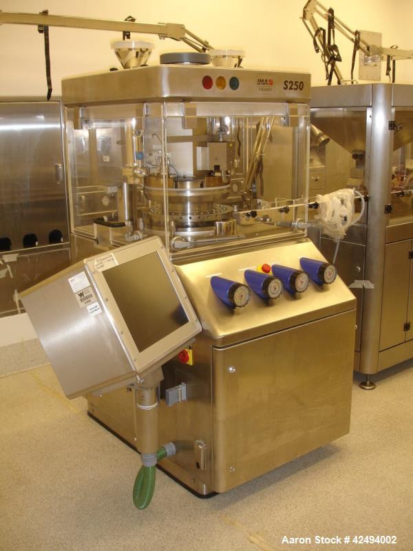 Used IMA Kilian Mid Size Force Feed Tablet Press, Model S250ZS. 32 Station, 8 ton main compaction force, 3.5 ton first layer compaction force. Tablet output 160 to 2000 tablets per minute. Maximum di...