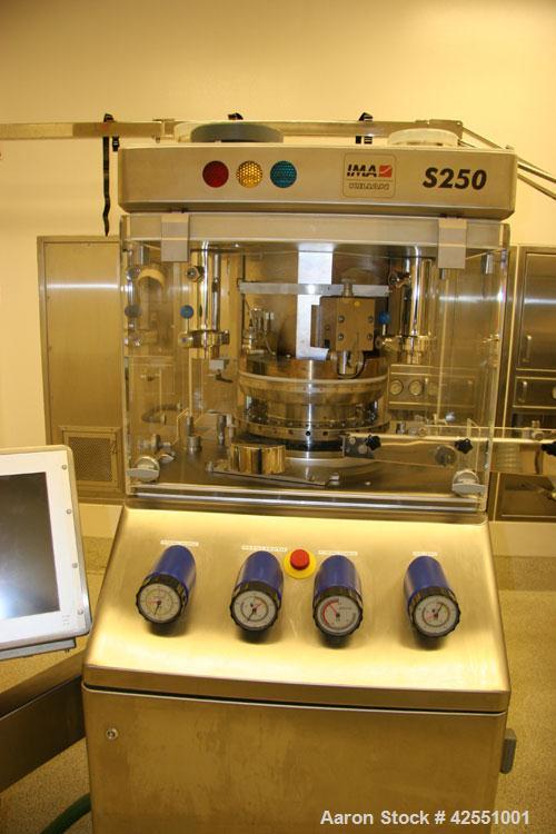 Used IMA Killian Mid Size Force Feed Tablet Press, Model S250ZS. 32 Station, 8 ton main compaction force, 3.5 ton first layer compaction force. Tablet output 160 to 2000 tablets per minute. Maximum d...