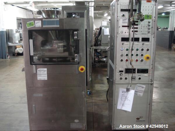 Used Kikusui rotary tablet press, type M-Libra 836, 36 station, keyed uppper punch guides, 80 KN compression pressure, 16mm max tablet diameter, 16 mm max depth of fill, rated up to 216,000 tablets/h...
