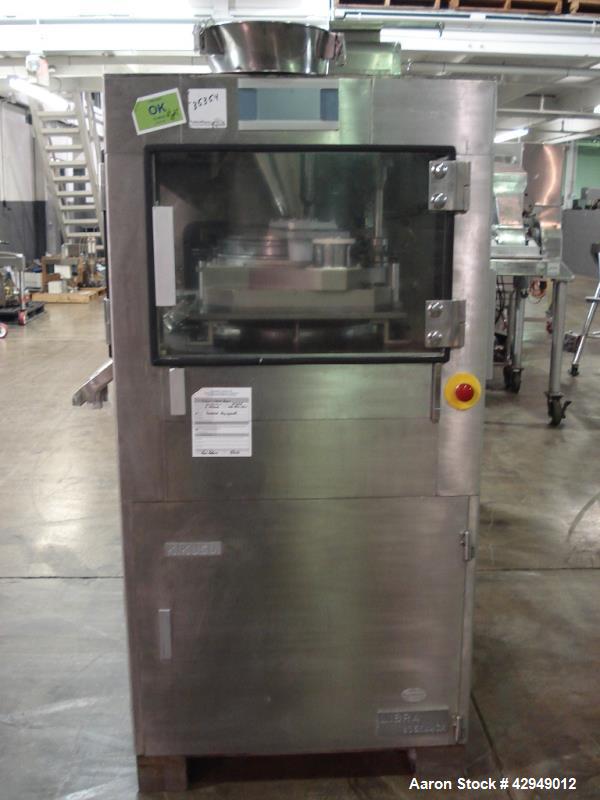 Used Kikusui rotary tablet press, type M-Libra 836, 36 station, keyed uppper punch guides, 80 KN compression pressure, 16mm max tablet diameter, 16 mm max depth of fill, rated up to 216,000 tablets/h...