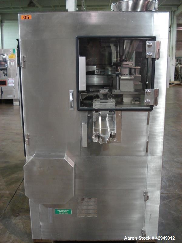 Used Kikusui rotary tablet press, type M-Libra 836, 36 station, keyed uppper punch guides, 80 KN compression pressure, 16mm max tablet diameter, 16 mm max depth of fill, rated up to 216,000 tablets/h...