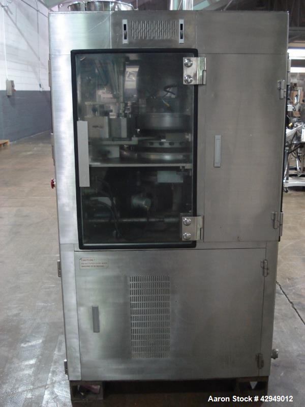 Used Kikusui rotary tablet press, type M-Libra 836, 36 station, keyed uppper punch guides, 80 KN compression pressure, 16mm max tablet diameter, 16 mm max depth of fill, rated up to 216,000 tablets/h...