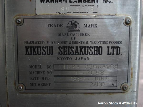 Used Kikusui rotary tablet press, type M-Libra 836, 36 station, keyed uppper punch guides, 80 KN compression pressure, 16mm max tablet diameter, 16 mm max depth of fill, rated up to 216,000 tablets/h...
