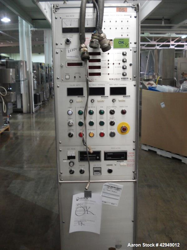 Used Kikusui rotary tablet press, type M-Libra 836, 36 station, keyed uppper punch guides, 80 KN compression pressure, 16mm max tablet diameter, 16 mm max depth of fill, rated up to 216,000 tablets/h...