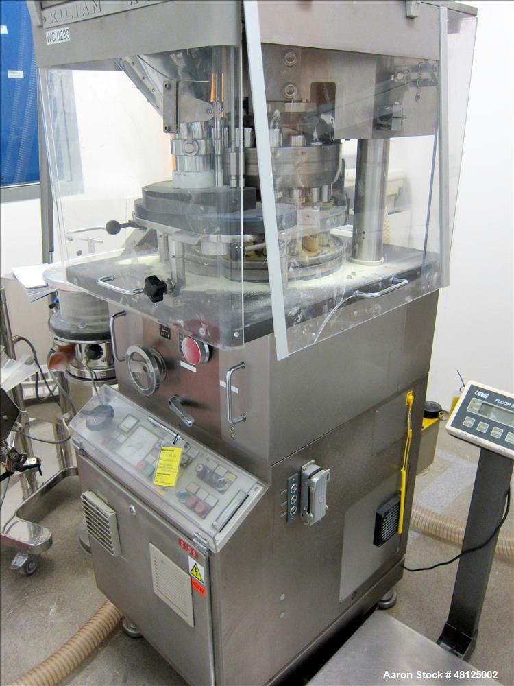 Used Kilian Rotor Tablet Press, Type RTS 18. 18 Stations, D-tooling, 100 Kn compression rating, 28 mm max tablet dia., 38 mm max depth of tablet fill, working capacity rated up to 75,600 tablets/hour...