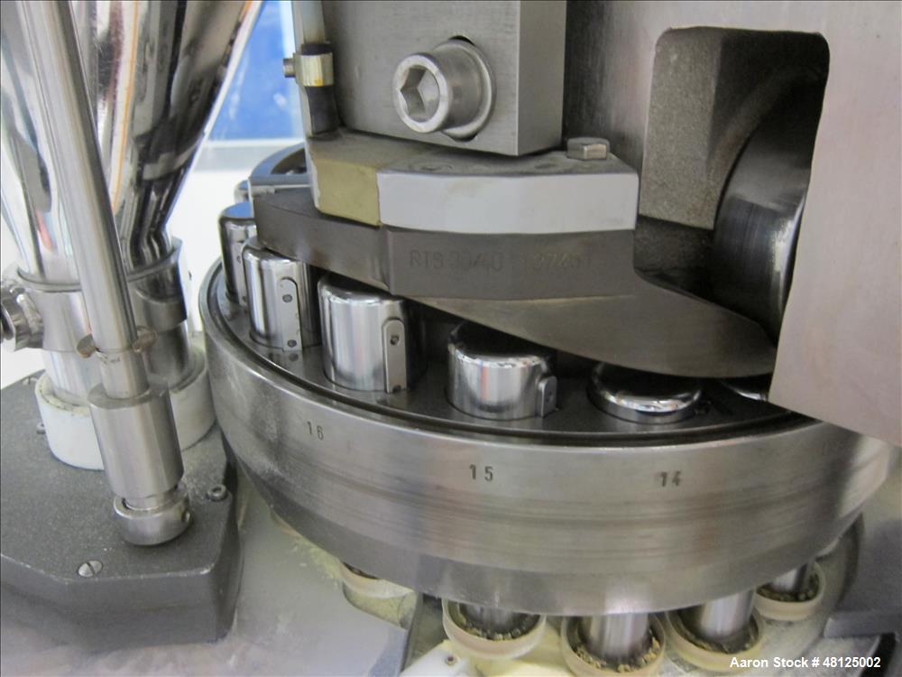 Used Kilian Rotor Tablet Press, Type RTS 18. 18 Stations, D-tooling, 100 Kn compression rating, 28 mm max tablet dia., 38 mm max depth of tablet fill, working capacity rated up to 75,600 tablets/hour...