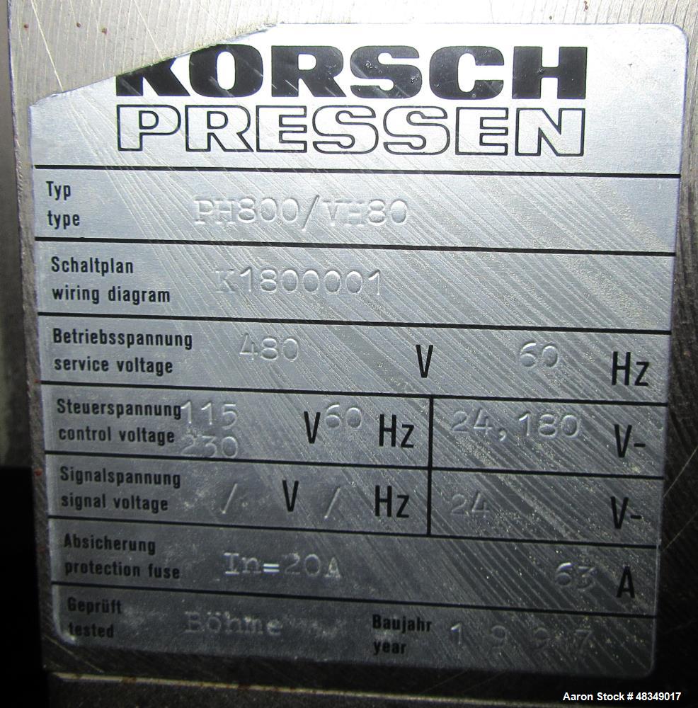 Used Korsch Tablet Press, Model PH800 IVH80, Stainless Steel. Built: 1997. Serial no.: K1800001. 3/60/480V