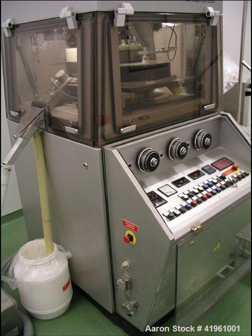 Used Korsch PH 300 Tablet Press. 36 station, max compression force 9 tons (80 kN), max tablet diameter 0.63" (16 mm), max filling depth 0.71" (18 mm), max tablet height 0.34" (8.5 mm), capacity 17280...