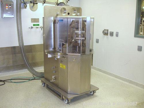 Used Korsch Rotary Tablet Press, Model XL 100 PRO. 10 Station removable turret, keyed upper punch guides, b tooled, 60 Kn compression pressure with 10 Kn precompression, 16 mm max diameter, up to 18 ...