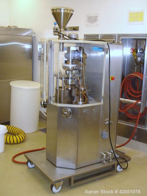 Used Korsch Rotary Tablet Press, Model XL100. 10 Station removable turret, B tooled, keyed upper punch guides, 60KN compression pressure with 15 kn pre compression, force feeder and gravity feed desi...